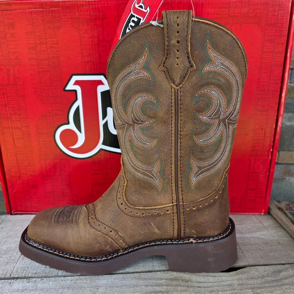 Justin Boots INJI Brown Water Buffalo Wide Square Toe Boots Size 6B GY9984 NEW - Picture 9 of 16